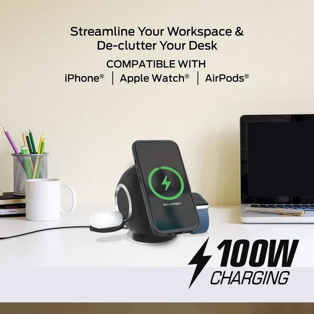 Alt view image 6 of 7 - Monster 10 in 1 Charging Station, Includes 3 AC Outlets, 2 USB-A Ports, 2 USB-C PD Ports (65W Max), 3 Wireless Chargers Compatible with Qi Compatible Phones (15W), Apple Watch (5W), Air Pods (2.5W)