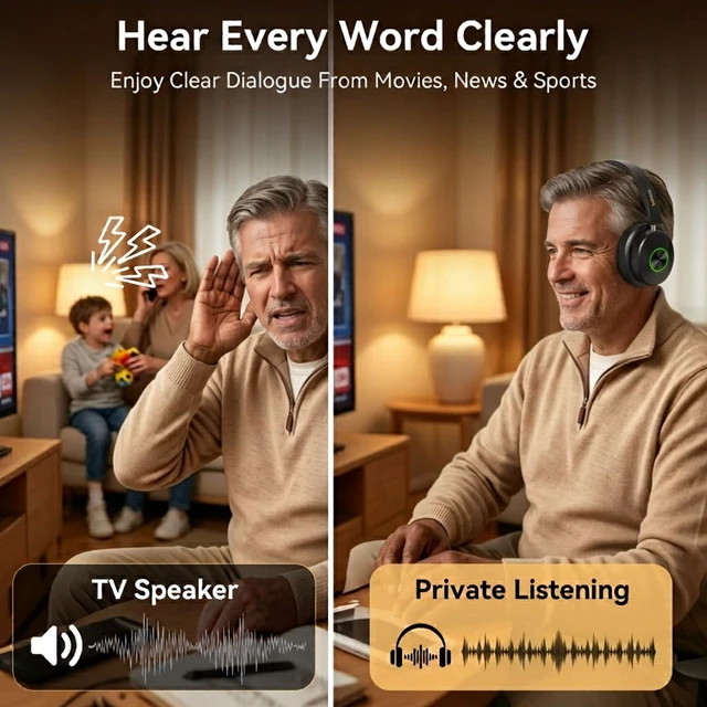 Alt view image 3 of 7 - Wantek Wireless Headphones for TV with Transmitter, Optical, AUX & RCA | Bluetooth Headphones for TV, Clear Dialogue 40ms low-latency Comfortable Over Ear TV Headphones Wireless for Seniors