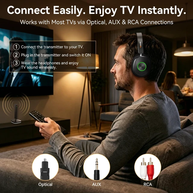 Alt view image 4 of 7 - Wantek Wireless Headphones for TV with Transmitter, Optical, AUX & RCA | Bluetooth Headphones for TV, Clear Dialogue 40ms low-latency Comfortable Over Ear TV Headphones Wireless for Seniors