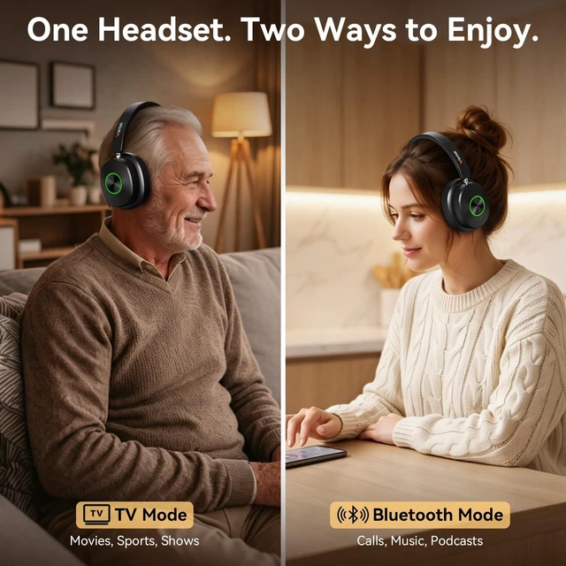 Alt view image 7 of 7 - Wantek Wireless Headphones for TV with Transmitter, Optical, AUX & RCA | Bluetooth Headphones for TV, Clear Dialogue 40ms low-latency Comfortable Over Ear TV Headphones Wireless for Seniors