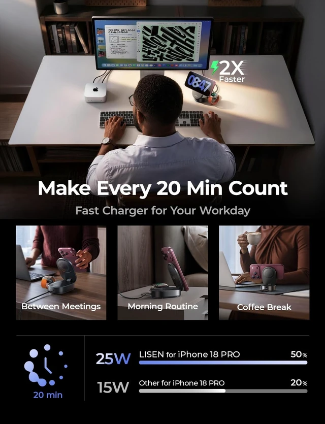 Alt view image 3 of 7 - LISEN Qi2.2 25W 3 in 1 Charging Station Apple for iPhone 17/18 Duo, Pro/Max | Qi2 25W Apple Charging Station for iphone 17/18/16 Series/18 Duo, iphone charging station with 45W Adapter