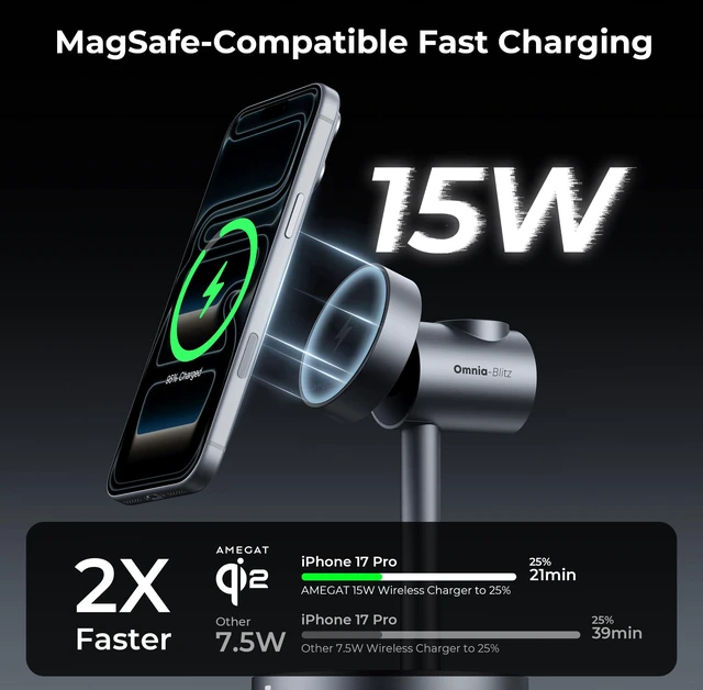 Alt view image 3 of 7 - 3 in 1 MagSafe Wireless Charger for Apple, Qi2 15W Fast Charging Station | Nightstand & Desktop Phone Charger Dock for iPhone 17 16 15 Pro, Apple Watch, AirPods(30W PD Charger Included)