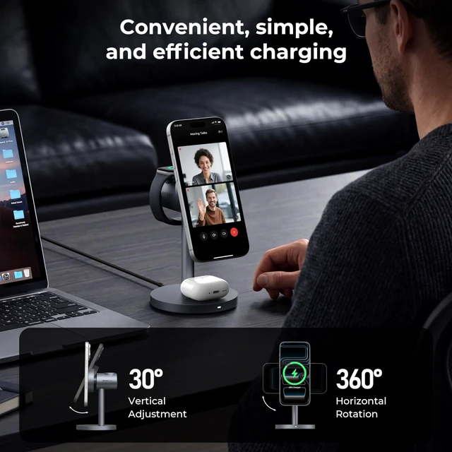Alt view image 4 of 7 - 3 in 1 MagSafe Wireless Charger for Apple, Qi2 15W Fast Charging Station | Nightstand & Desktop Phone Charger Dock for iPhone 17 16 15 Pro, Apple Watch, AirPods(30W PD Charger Included)