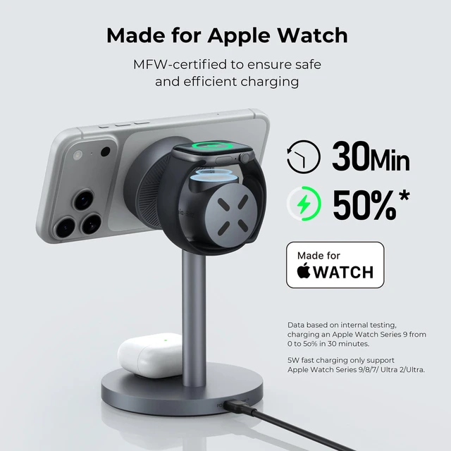 Alt view image 5 of 7 - 3 in 1 MagSafe Wireless Charger for Apple, Qi2 15W Fast Charging Station | Nightstand & Desktop Phone Charger Dock for iPhone 17 16 15 Pro, Apple Watch, AirPods(30W PD Charger Included)
