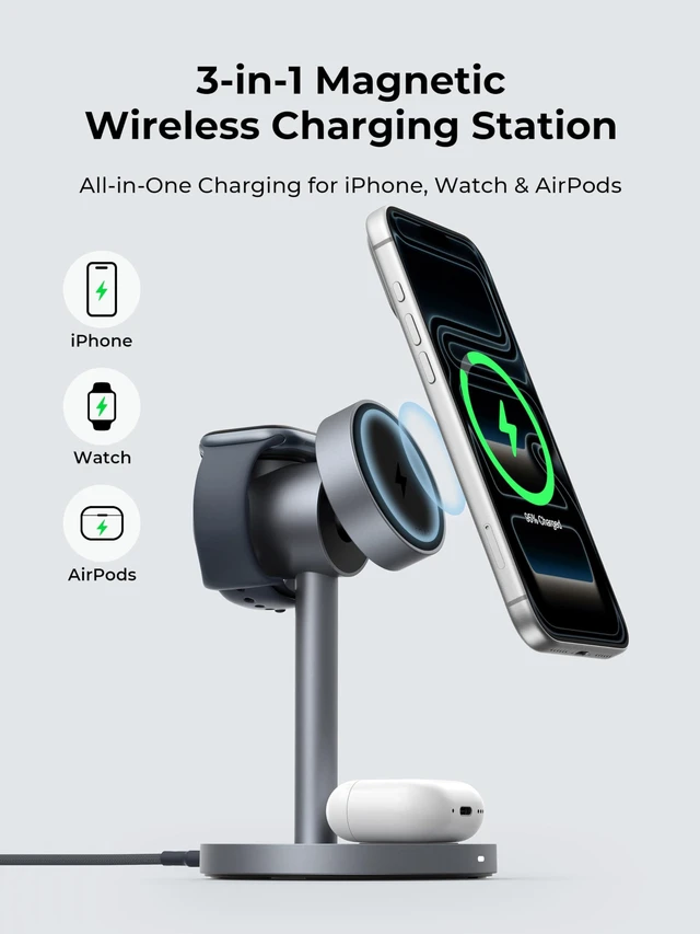 Alt view image 7 of 7 - 3 in 1 MagSafe Wireless Charger for Apple, Qi2 15W Fast Charging Station | Nightstand & Desktop Phone Charger Dock for iPhone 17 16 15 Pro, Apple Watch, AirPods(30W PD Charger Included)