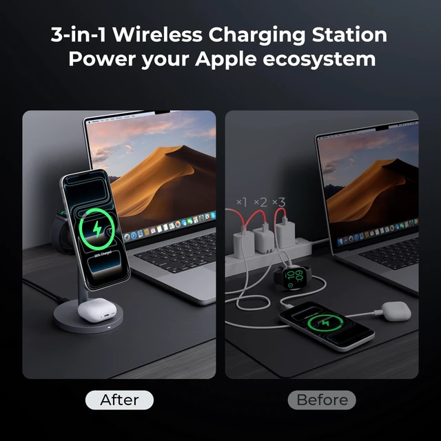Alt view image 2 of 7 - 3 in 1 MagSafe Wireless Charger for Apple, Qi2 15W Fast Charging Station | Nightstand & Desktop Phone Charger Dock for iPhone 17 16 15 Pro, Apple Watch, AirPods(30W PD Charger Included)