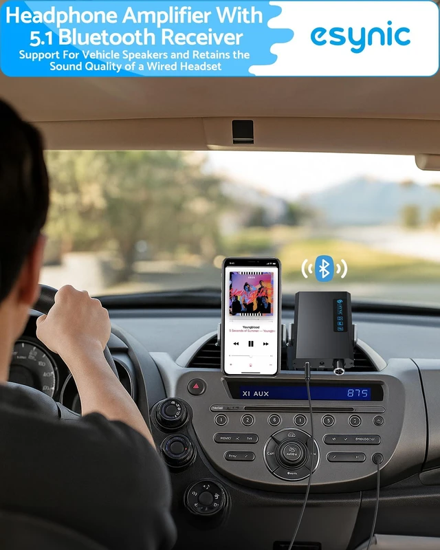 Alt view image 3 of 7 - eSynic Bluetooth 5.1 Receiver Headphone Amplifier Portable-1500mAH Rechargeable 3.5MM Headphone Amp-16-300-Two-Stage Gain Switch-Compact-Aluminum Matte Surface-for Phone/Car Aux/CD Players