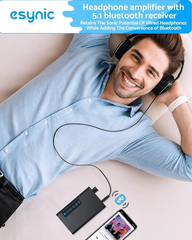 Alt view image 4 of 7 - eSynic Bluetooth 5.1 Receiver Headphone Amplifier Portable-1500mAH Rechargeable 3.5MM Headphone Amp-16-300-Two-Stage Gain Switch-Compact-Aluminum Matte Surface-for Phone/Car Aux/CD Players
