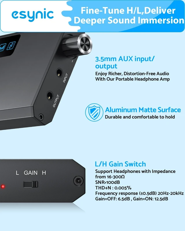 Alt view image 2 of 7 - eSynic Bluetooth 5.1 Receiver Headphone Amplifier Portable-1500mAH Rechargeable 3.5MM Headphone Amp-16-300-Two-Stage Gain Switch-Compact-Aluminum Matte Surface-for Phone/Car Aux/CD Players