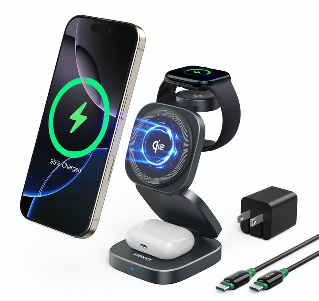 Main image of Wireless Charging Station for iPhone, 3 in 1 Charging Station Apple, Foldable Magnetic Stand Compatible with MagSafe Qi2, iPhone 17 16 15 14 13 12 Air, Apple Watch Series & Air pods 4 3 2 Pro