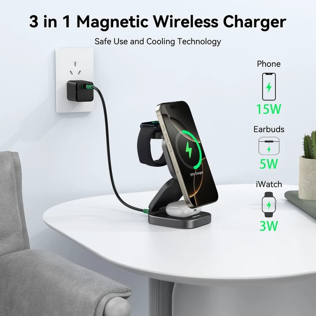 Alt view image 2 of 7 - Wireless Charging Station for iPhone, 3 in 1 Charging Station Apple, Foldable Magnetic Stand Compatible with MagSafe Qi2, iPhone 17 16 15 14 13 12 Air, Apple Watch Series & Air pods 4 3 2 Pro