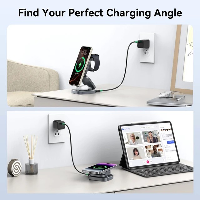 Alt view image 5 of 7 - Wireless Charging Station for iPhone, 3 in 1 Charging Station Apple, Foldable Magnetic Stand Compatible with MagSafe Qi2, iPhone 17 16 15 14 13 12 Air, Apple Watch Series & Air pods 4 3 2 Pro