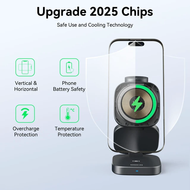 Alt view image 7 of 7 - Wireless Charging Station for iPhone, 3 in 1 Charging Station Apple, Foldable Magnetic Stand Compatible with MagSafe Qi2, iPhone 17 16 15 14 13 12 Air, Apple Watch Series & Air pods 4 3 2 Pro