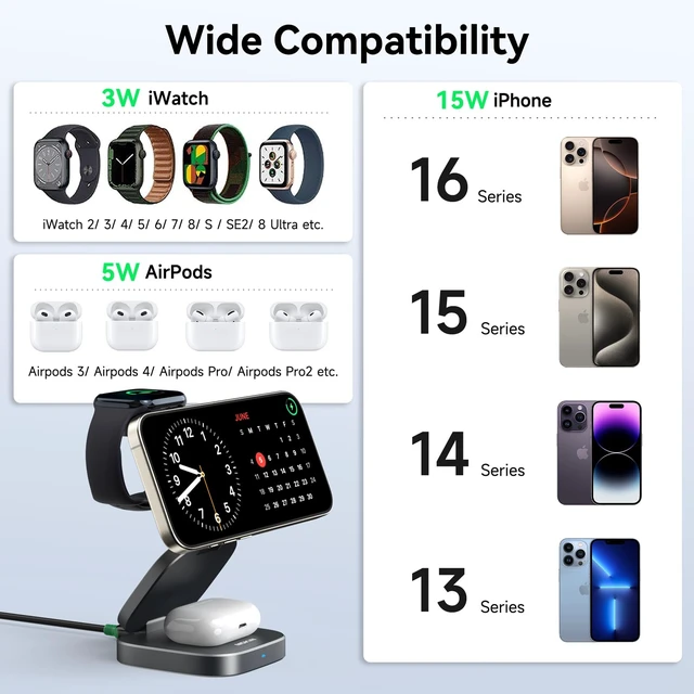 Alt view image 3 of 7 - Wireless Charging Station for iPhone, 3 in 1 Charging Station Apple, Foldable Magnetic Stand Compatible with MagSafe Qi2, iPhone 17 16 15 14 13 12 Air, Apple Watch Series & Air pods 4 3 2 Pro