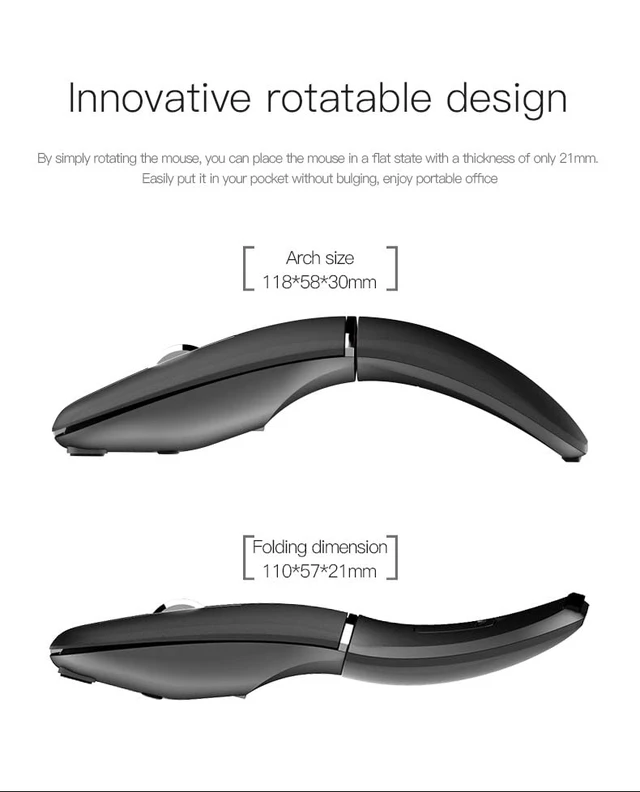 Alt view image 4 of 7 - Carledon Foldable Arc Wireless Mouse with USB Receiver, Bluetooth 2.4GHz Dual-Mode Rechargeable,180° Rotation, Silent Click, Portable Curved Computer Mouse for PC, Laptop, MacBook (Black)