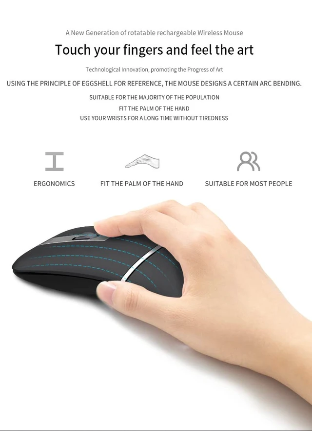 Alt view image 5 of 7 - Carledon Foldable Arc Wireless Mouse with USB Receiver, Bluetooth 2.4GHz Dual-Mode Rechargeable,180° Rotation, Silent Click, Portable Curved Computer Mouse for PC, Laptop, MacBook (Black)