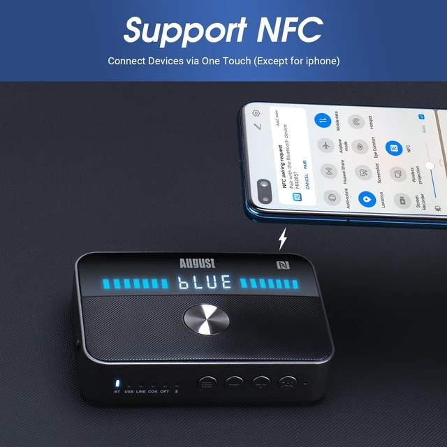 Alt view image 4 of 7 - August MR285 Bluetooth Transmitter Receiver NFC AUX Optical TV Adapter | Bluetooth 5.3, RCA, Coaxial & USB, Rechargeable Battery, Dual Audio, Wired Bypass
