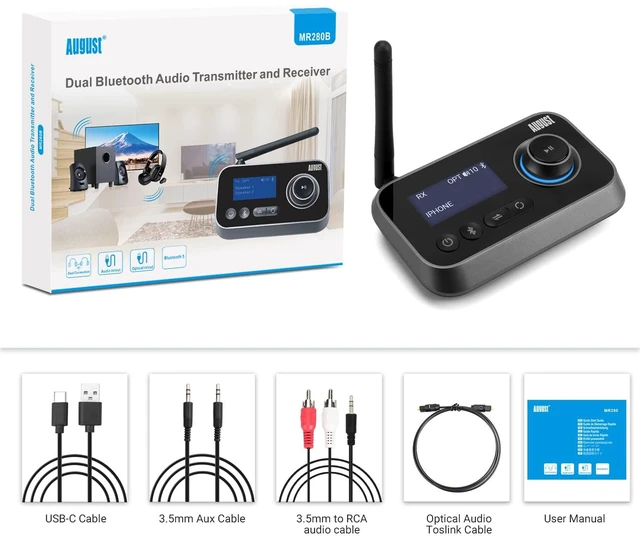 Alt view image 7 of 7 - August MR280 Bluetooth 5.0 Audio Transmitter Receiver | Dual Connection for TV Headphones and Hifi Speakers, Multipoint, Low Latency, Stereo, Volume Control, Optical RCA Jack 3.5mm