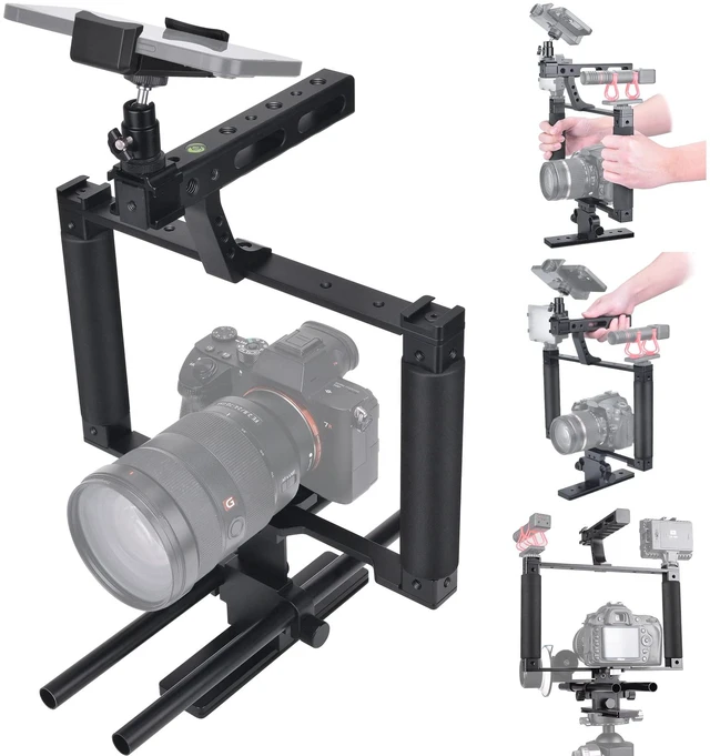 Main image of Universal Aluminum Alloy DSLR Mirrorless Camera Camcorder Stabilizer Extension Cage Mount for Mic Monitor Light, Movie Making Rig YouTube Tiktok Vlogging Video Kit w/Phone Holder for Canon Sony Nikon