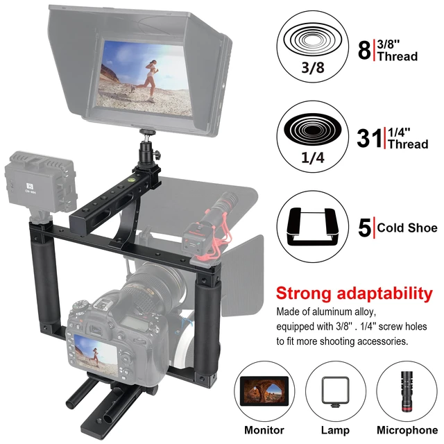Alt view image 3 of 7 - Universal Aluminum Alloy DSLR Mirrorless Camera Camcorder Stabilizer Extension Cage Mount for Mic Monitor Light, Movie Making Rig YouTube Tiktok Vlogging Video Kit w/Phone Holder for Canon Sony Nikon