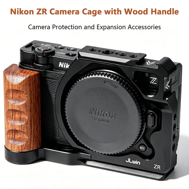 Alt view image 2 of 5 - JLWIN ZR Camera Cage with Ergonomic Wooden Handle for Nikon ZR Cinema Camera Full Access Video Rig, Aluminum Alloy Build, Cold Shoe Mount, Arca-Swiss Base, Perfect for Vlogging & Filmmaking