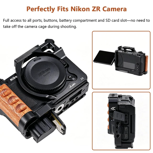 Alt view image 3 of 5 - JLWIN ZR Camera Cage with Ergonomic Wooden Handle for Nikon ZR Cinema Camera Full Access Video Rig, Aluminum Alloy Build, Cold Shoe Mount, Arca-Swiss Base, Perfect for Vlogging & Filmmaking