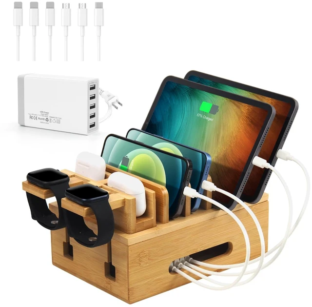 Main image of Bamboo Charging Station for Multiple Devices, Multi-Port USB Charger Organizer Stand for Phone, Earphone, Smart Watch, Desktop Cord Storage Holder for Home Office