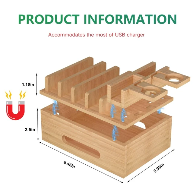Alt view image 2 of 7 - Bamboo Charging Station for Multiple Devices, Multi-Port USB Charger Organizer Stand for Phone, Earphone, Smart Watch, Desktop Cord Storage Holder for Home Office