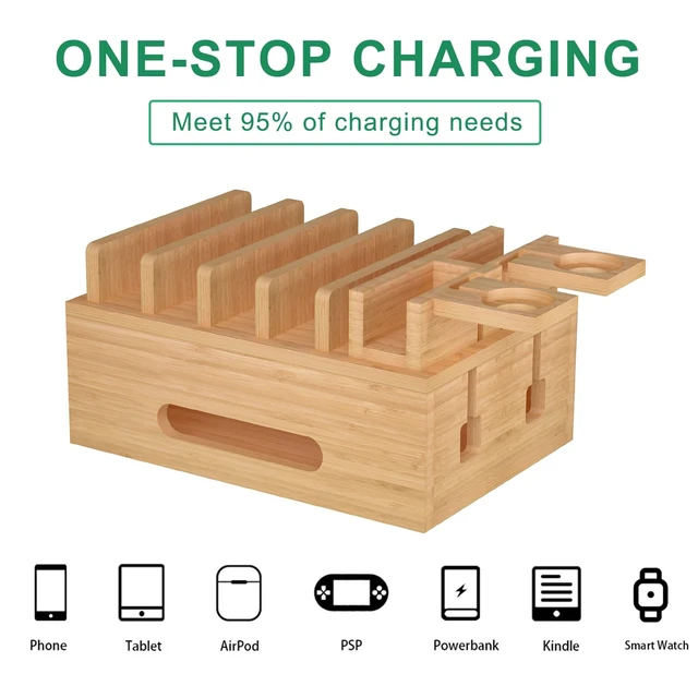 Alt view image 3 of 7 - Bamboo Charging Station for Multiple Devices, Multi-Port USB Charger Organizer Stand for Phone, Earphone, Smart Watch, Desktop Cord Storage Holder for Home Office