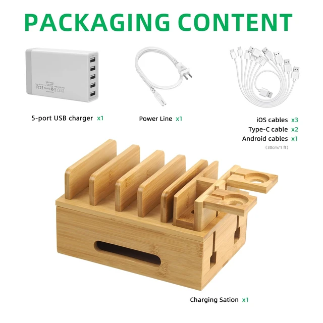 Alt view image 4 of 7 - Bamboo Charging Station for Multiple Devices, Multi-Port USB Charger Organizer Stand for Phone, Earphone, Smart Watch, Desktop Cord Storage Holder for Home Office
