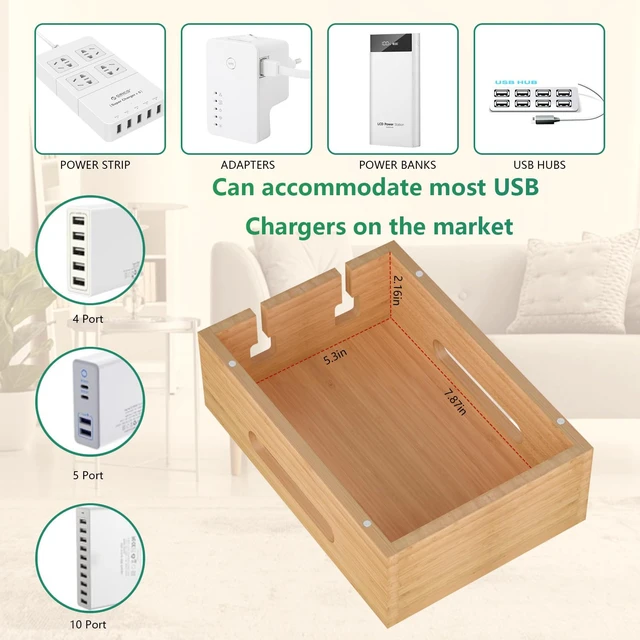 Alt view image 5 of 7 - Bamboo Charging Station for Multiple Devices, Multi-Port USB Charger Organizer Stand for Phone, Earphone, Smart Watch, Desktop Cord Storage Holder for Home Office