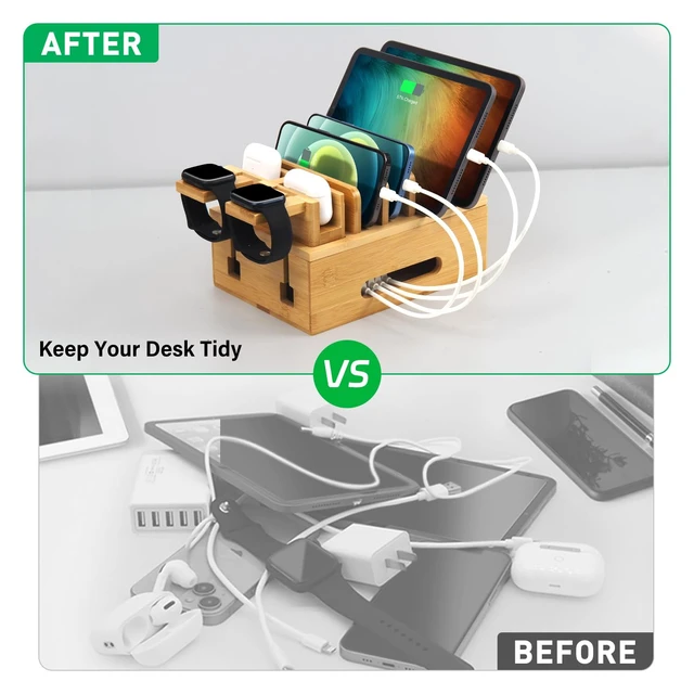 Alt view image 6 of 7 - Bamboo Charging Station for Multiple Devices, Multi-Port USB Charger Organizer Stand for Phone, Earphone, Smart Watch, Desktop Cord Storage Holder for Home Office