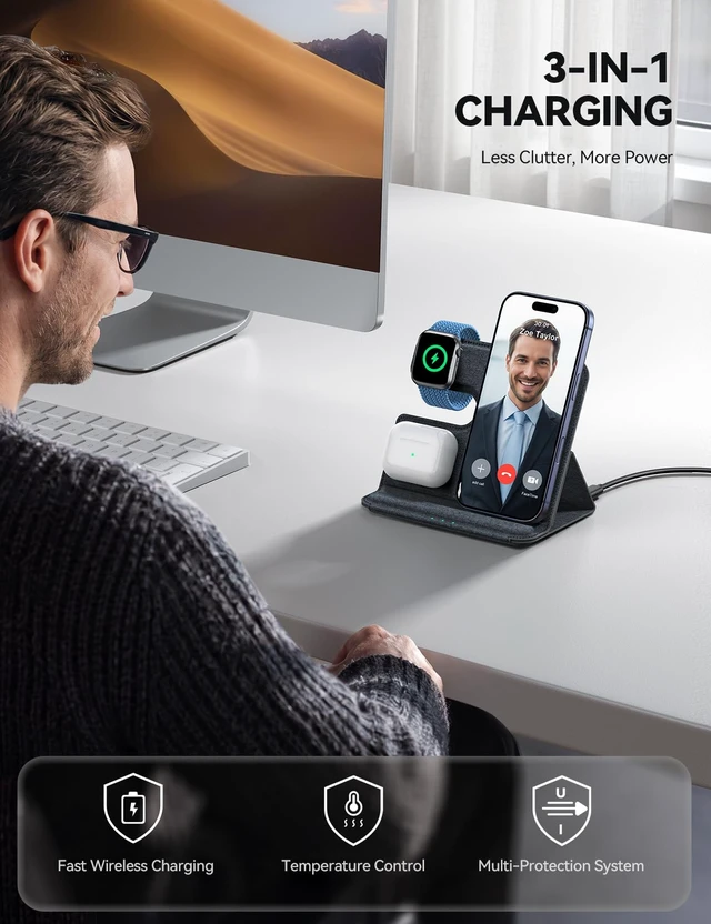 Alt view image 2 of 7 - Lamicall 3 in 1 Charging Station for Apple - Foldable Travel Charger Stand | 17mm Ultra-Slim PU Leather Finish, Wireless Charger Pad for MagSafe, Overheat Protection for iPhone, Apple Watch & AirPods