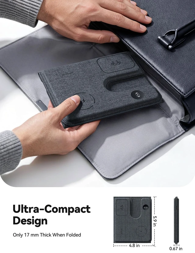 Alt view image 3 of 7 - Lamicall 3 in 1 Charging Station for Apple - Foldable Travel Charger Stand | 17mm Ultra-Slim PU Leather Finish, Wireless Charger Pad for MagSafe, Overheat Protection for iPhone, Apple Watch & AirPods