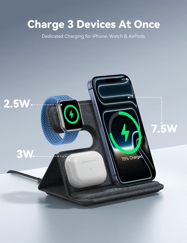 Alt view image 5 of 7 - Lamicall 3 in 1 Charging Station for Apple - Foldable Travel Charger Stand | 17mm Ultra-Slim PU Leather Finish, Wireless Charger Pad for MagSafe, Overheat Protection for iPhone, Apple Watch & AirPods