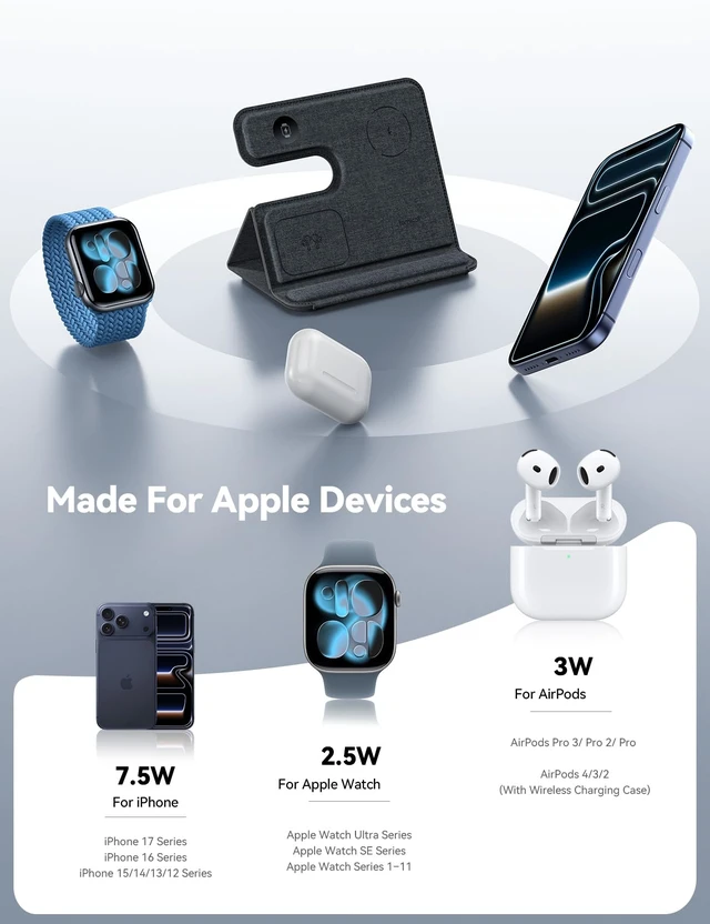 Alt view image 6 of 7 - Lamicall 3 in 1 Charging Station for Apple - Foldable Travel Charger Stand | 17mm Ultra-Slim PU Leather Finish, Wireless Charger Pad for MagSafe, Overheat Protection for iPhone, Apple Watch & AirPods