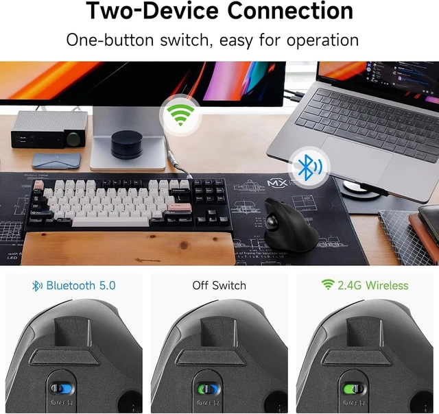 Alt view image 4 of 7 - Dual Mode Wireless Vertical Computer Trackball Mouse, Ergonomic Bluetooth Thumb-Control Mouse with Quiet Clicks Ergonomic Design Adjustable CPI ,Built-in 500mAh Battery Rechargeable for PC/Mac/Laptop