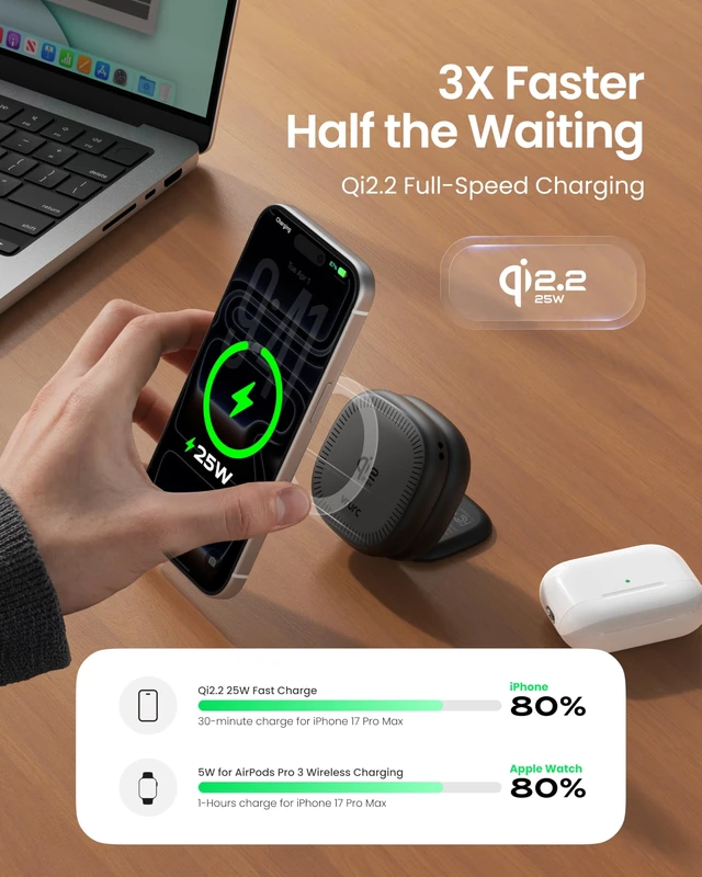 Alt view image 2 of 7 - VRURC Charger for Apple Watch, 3 in 1 Wireless Charging Station, Qi2.2 25W Foldable Travel Charger Dock with 45W Power Adapter for iPhone 17/16/15/14/13, AirPods - Black