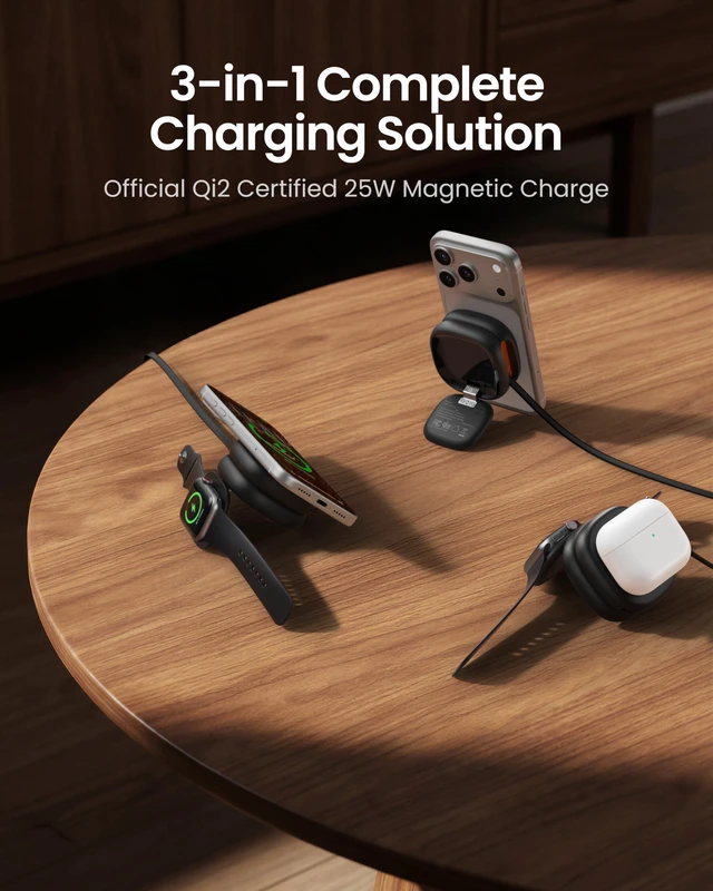 Alt view image 4 of 7 - VRURC Charger for Apple Watch, 3 in 1 Wireless Charging Station, Qi2.2 25W Foldable Travel Charger Dock with 45W Power Adapter for iPhone 17/16/15/14/13, AirPods - Black
