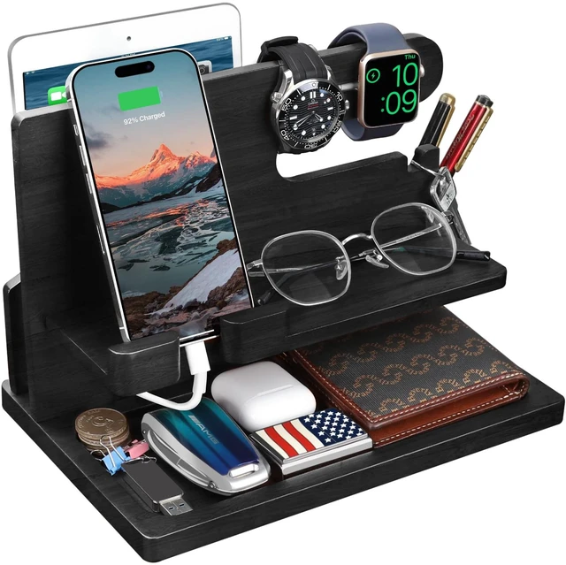 Main image of T TARANTO Gifts for Men Wood Phone Docking Station for Men Nightstand Organizer Gifts for Dad Charging Station Cell Phone Stand Desk Organizer Gifts for Husband Boyfriend Brother Son (Black)