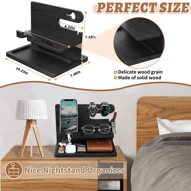 Alt view image 5 of 7 - T TARANTO Gifts for Men Wood Phone Docking Station for Men Nightstand Organizer Gifts for Dad Charging Station Cell Phone Stand Desk Organizer Gifts for Husband Boyfriend Brother Son (Black)