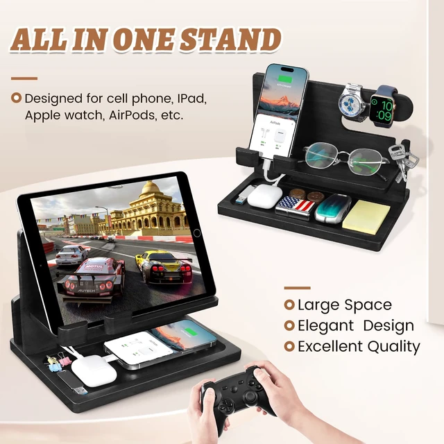 Alt view image 2 of 7 - T TARANTO Gifts for Men Wood Phone Docking Station for Men Nightstand Organizer Gifts for Dad Charging Station Cell Phone Stand Desk Organizer Gifts for Husband Boyfriend Brother Son (Black)