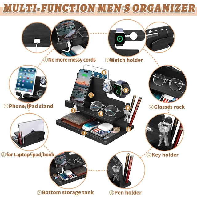Alt view image 3 of 7 - T TARANTO Gifts for Men Wood Phone Docking Station for Men Nightstand Organizer Gifts for Dad Charging Station Cell Phone Stand Desk Organizer Gifts for Husband Boyfriend Brother Son (Black)