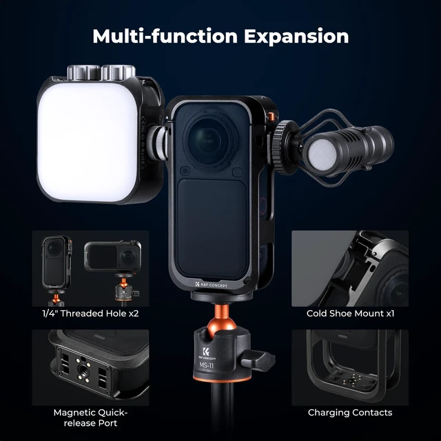 Alt view image 5 of 7 - K&F CONCEPT Camera Cage for Insta360 X6 Accessories | Aluminum Alloy Protective Case for Insta 360 X6, Cold Shoe Mount for Microphone, LED Light with Built-in 1/4" Screw Hole CI02