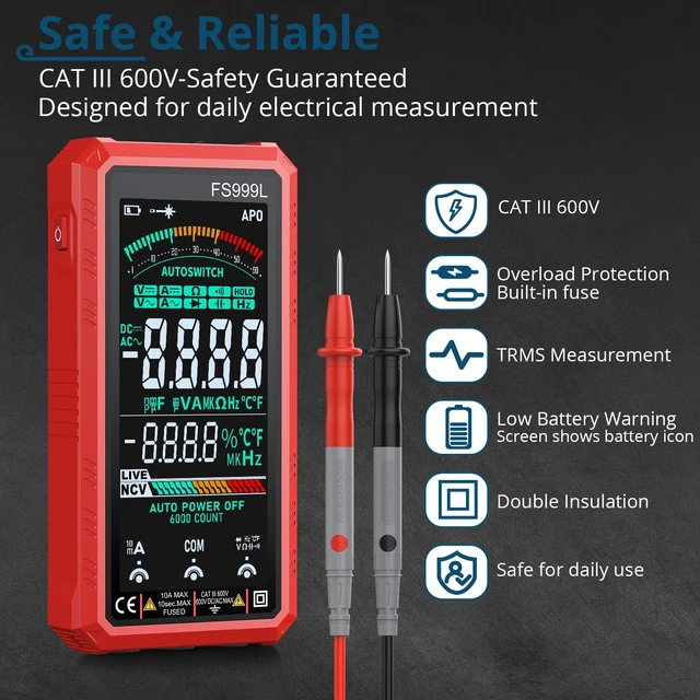 Alt view image 4 of 7 - 6000 Counts Smart Digital Multimeter,USB Rechargeable,Color LCD Screen | Smart auto/manual multimeter,AC/DC voltage current,NCV safety,capacitance frequency temperature,True RMS,home and car repair