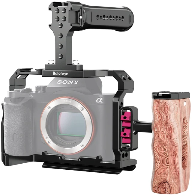 Main image of Kalofaye Aluminum Alloy Camera Cage Kit Replacement for Sony A7III/A7II | for Sony A7 M3 /ARIII / A7SII / A7RII with Top Handle Grip Wooden Side Handle