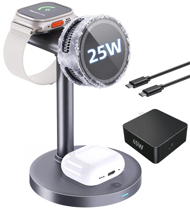 Main image of Qi2.2 25W 3 in 1 Magnetic Wireless Charging Station with TEC Active Cooling | Wireless Charger Stand for iPhone17/16/15, Apple Watch & AirPods, Samsung Galaxy, Protect battery health, with 65W Adapter