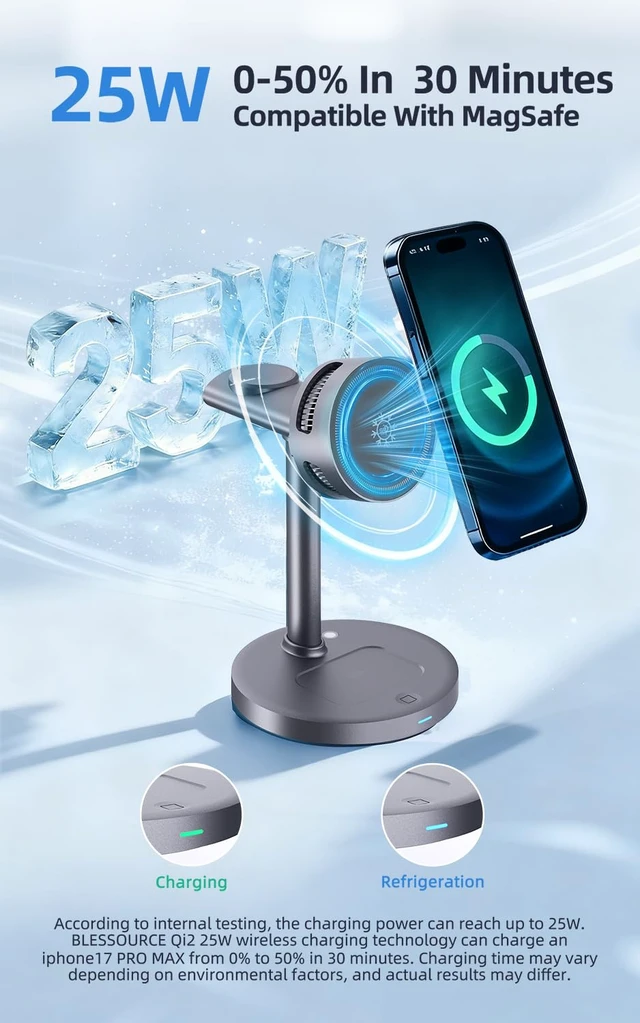 Alt view image 2 of 7 - Qi2.2 25W 3 in 1 Magnetic Wireless Charging Station with TEC Active Cooling | Wireless Charger Stand for iPhone17/16/15, Apple Watch & AirPods, Samsung Galaxy, Protect battery health, with 65W Adapter