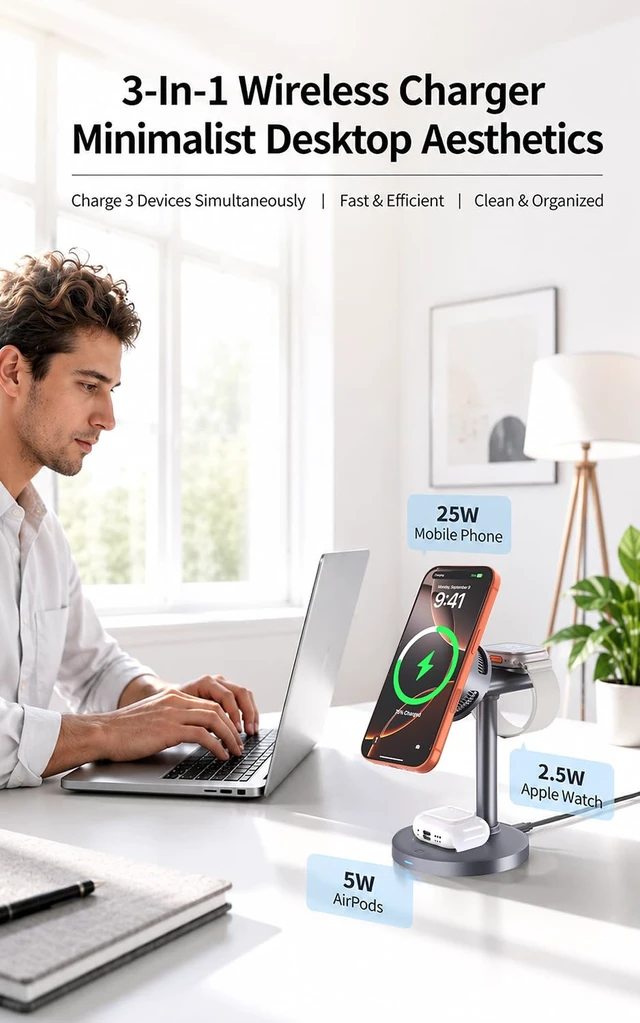 Alt view image 6 of 7 - Qi2.2 25W 3 in 1 Magnetic Wireless Charging Station with TEC Active Cooling | Wireless Charger Stand for iPhone17/16/15, Apple Watch & AirPods, Samsung Galaxy, Protect battery health, with 65W Adapter