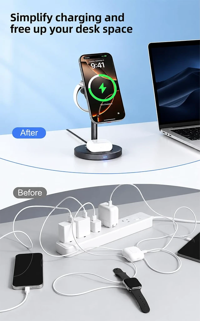 Alt view image 5 of 7 - Qi2.2 25W 3 in 1 Magnetic Wireless Charging Station with TEC Active Cooling | Wireless Charger Stand for iPhone17/16/15, Apple Watch & AirPods, Samsung Galaxy, Protect battery health, with 65W Adapter